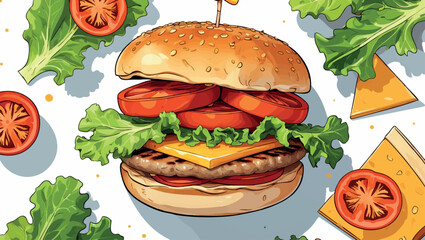 Summer grilled burger vector in flat illustration style