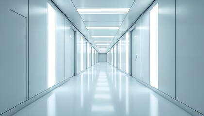 Obraz premium Futuristic hospital corridor with neon lights. White walls, doors create modern medical interior. Clean sterile environment. Healthcare, technology. Empty perspective.