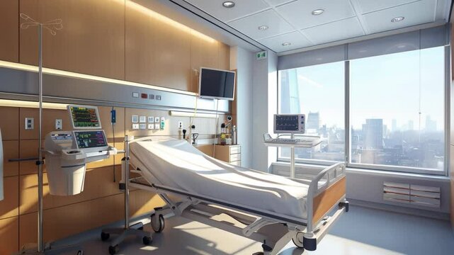 A modern hospital room with medical equipment, an empty bed, and a sunny cityscape view creates a clean and calm atmosphere for patient care.
