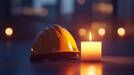 Workers Memorial Day Candle and Helmet Symbolizing Tribute and Remembrance