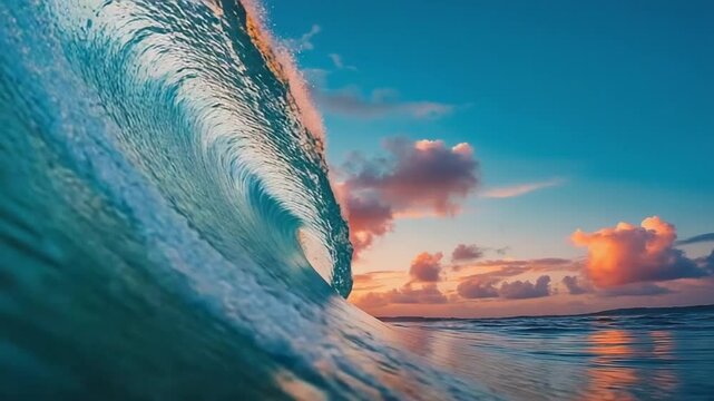 Dreamlike dawn ocean, giant spiral wave approaching viewer, white sea forming artistic patterns, soft blue ocean, pink and coral sunrise sky, calm surreal mood, cinematic atmosphere, hyperrealism