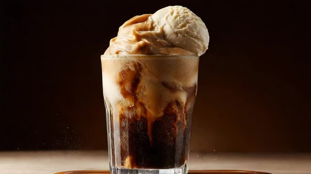 Foamy root beer float splash with ice cream in motion, root beer float close-up with root beer float texture and root beer float bubbles cinematic root beer shot