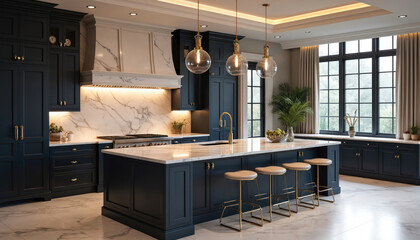 Luxurious gourmet kitchen interior. Marble backsplash, countertops, and statement lighting. Dark blue cabinets, gold accents, island with stools. Modern design. Elegant home. Nobody.
