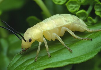 Fototapeta premium Close-up of a pale yellow insect crawling on green leaf surrounded by vibrant foliage, showcasing fine details of body structure and texture in natural habitat