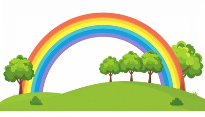 Obraz premium Nature scene featuring a vibrant rainbow over lush green hills and trees serene landscape illustration bright and colorful environment