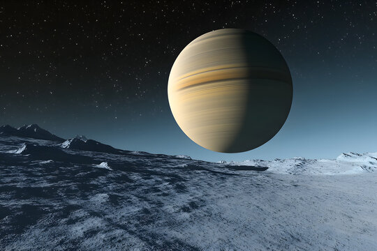 An expansive view of Saturn from an icy moon showcasing its magnificent rings and distant starry background