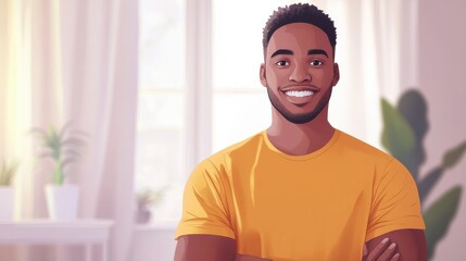 Naklejka premium Smiling cheerful young adult african american ethnicity man looking at camera standing at home office background. Happy confident black guy posing for headshot face front close up portrait. illustrat
