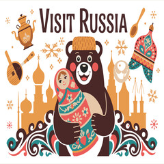 Fototapeta premium russian styled bear, russian folk art, matryoshka doll, russian architecture, colorful pattern, illustration, digital art 