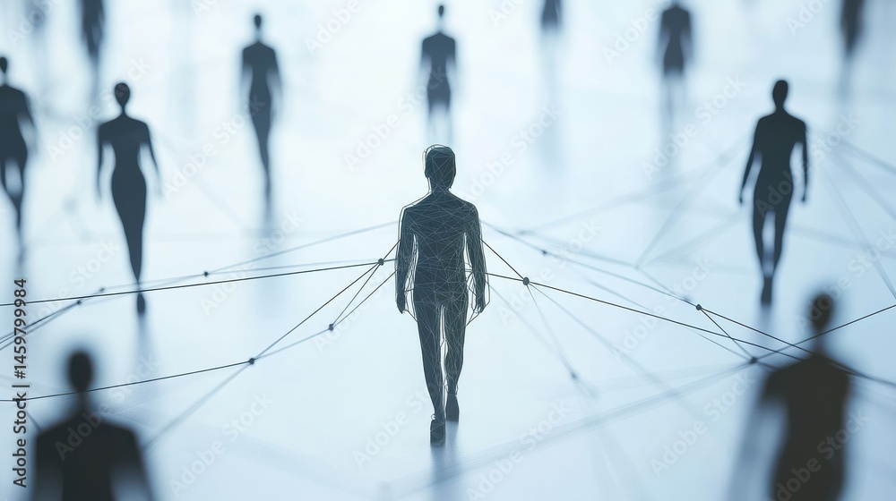 Poster connecting human figures through lines to symbolize communication and networking in a modern busines