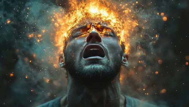Man engulfed in flames with pain, and anguish.