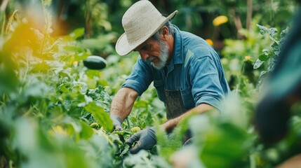 Fototapeta premium Elderly Farmer Harvesting Fresh Vegetables in Sustainable Garden