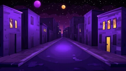 Night City Street at Dusk, Enchanting Purple Hues Underneath a Starry Sky with Two Celestial Bodies
