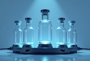 Glass vials displayed on a futuristic platform with blue lighting