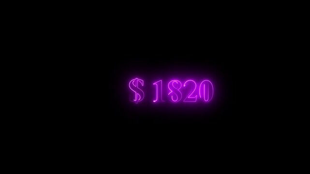 Neon glowing Number counter from 1 to 1850 thousand on a black background, Counting Numbers from 1 to 1850 on a transparent background with alpha channel to animated counting dollar text