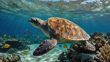 Sea turtle gracefully glides through vibrant coral reef. Sunlight filters through crystal-clear water. Schools of fish surround the reptile