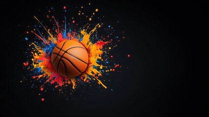 Fototapeta premium Dynamic Basketball Splash: A vibrant explosion of color surrounding a basketball, capturing the energy and excitement of the game.