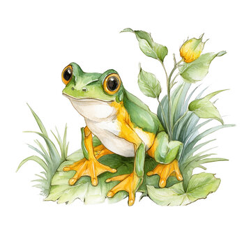 recommend clip art: Watercolor illustration shows a cute green frog sitting on a lily pad.