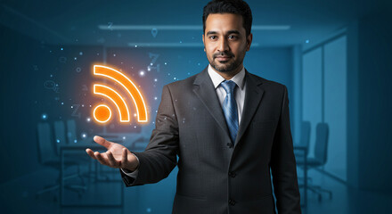 Businessman presenting wifi technology concept for wireless network connection and digital communication