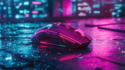 Futuristic gaming mouse illuminated in neon cityscape (1)