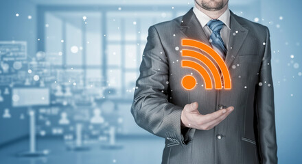 Businessman presenting wifi hotspot internet access wireless connection technology concept for business growth