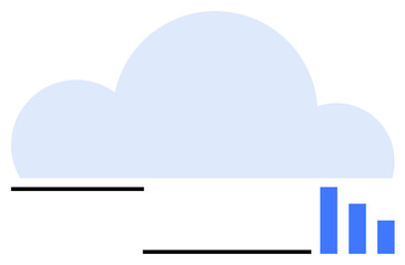 Large blue cloud, three vertical bar charts in blue, and black horizontal lines. Ideal for cloud technology, data storage, analytics, tech innovation, online services, communication simple landing