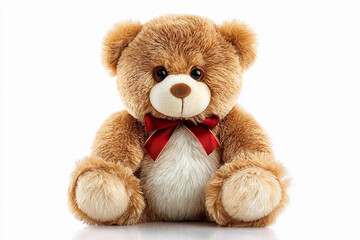 Obraz premium Cute plush bear with a red bow sitting upright on a white background showcasing its soft texture and friendly appearance