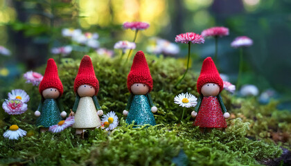 whimsical tiny figures in red hats on forest moss surrounded by flowers