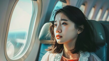 Portrait Asian woman sitting while looking out the window in inside airplane. Generated AI image