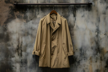 Naklejka premium Classic beige trench coat displayed on a hanger against a textured wall in an urban setting