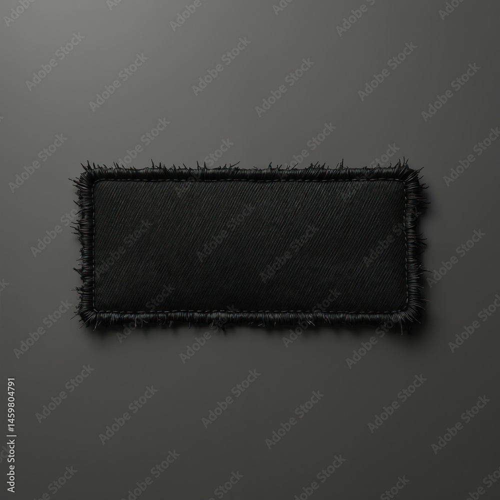 Poster black leather embroidery patch on grey background. rectangular shaped with frayed edges. blank area 