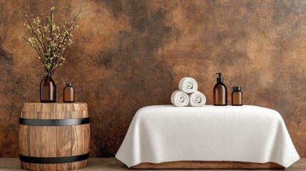 Serene Spa Setting with Brown Textured Wall and White Towels