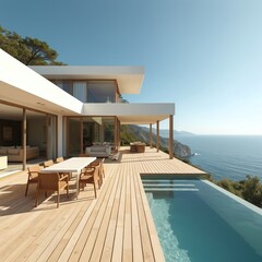 Fototapeta premium Luxurious deluxe house with panoramic sea view, infinity pool. Modern architecture, spacious terrace. Interior features dining area. Balcony, veranda. Villa design for vacation, holiday. nobody.