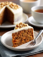 Delicious carrot cake slice with cream cheese frosting and walnuts on a plate.