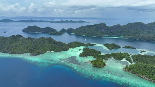 Limestone islands surround a beautiful bay in Pelee, Raja Ampat. This tropical region is a popular destination for divers and snorkelers due to its extraordinary marine biodiversity.