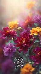 Vibrant wallpaper with red and yellow flowers and the lettering "Hello July"