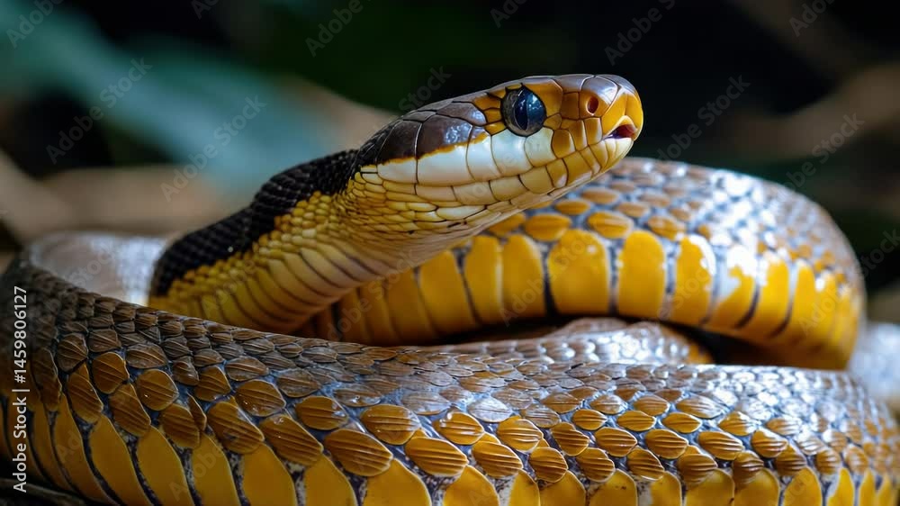 Poster a close-up view of a snake's head with its mouth open, ready to strike