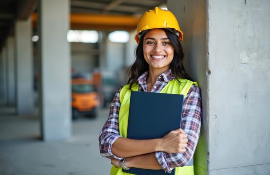 Indian engineer woman at construction site smiling. She holds documents, wears safety vest and hard hat. Asian female pro happy worker at industrial area, concrete building.
