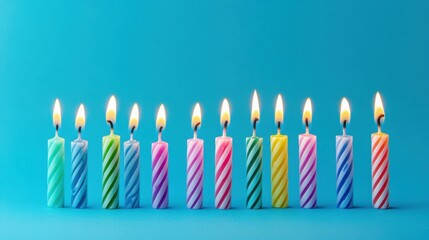 A row of colorful birthday candles lit against a blue background, symbolizing celebration and joy.