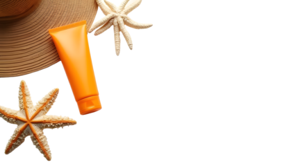 A beach scene featuring sunblock, a straw hat, and starfish, evoking summer vibes and relaxation by the shore