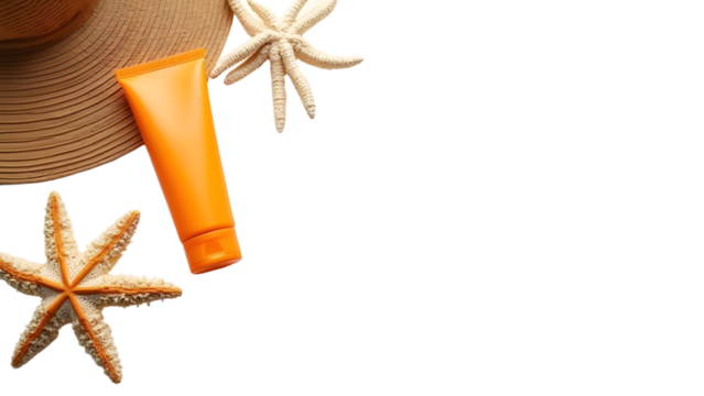 A beach scene featuring sunblock, a straw hat, and starfish, evoking summer vibes and relaxation by the shore