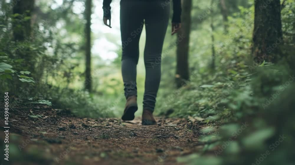 Poster A person walking along a forest path with trees and foliage on either side