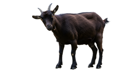 A black goat stands confidently in a grassy field, with a clear blue sky and distant hills creating a serene backdrop