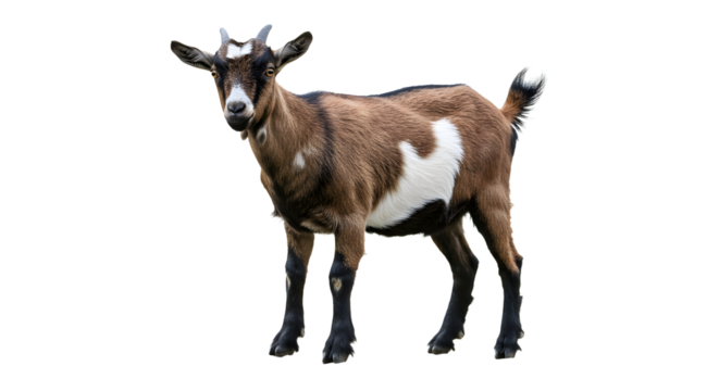 A brown and white goat stands gracefully in a lush green field, with a clear blue sky and distant trees in the background
