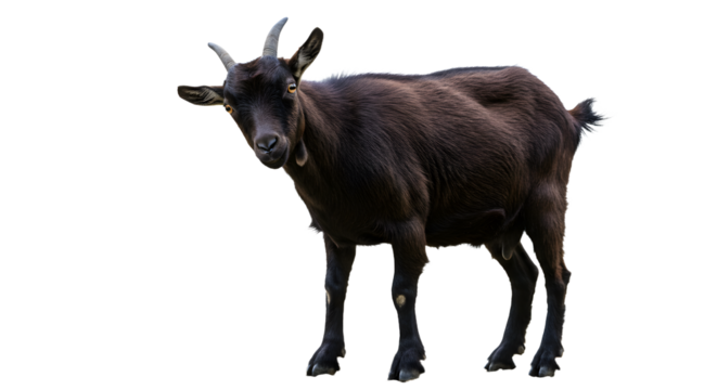 A black goat stands confidently in a grassy field, with a clear blue sky and distant hills creating a serene backdrop