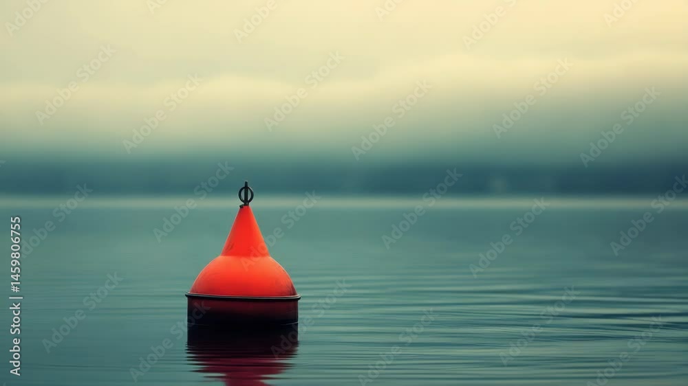 Poster a red buoy floating on the surface of calm waters