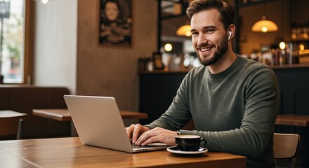 Smiling man working on laptop in cozy cafe ambience