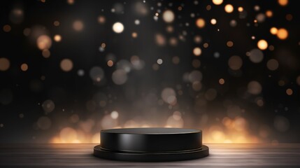 Rendering 3d of a cylindrical podium stand with golden glitters bokeh background. Generate AI image