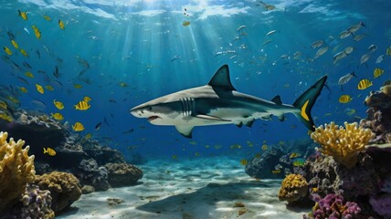 Fototapeta premium Majestic shark in vibrant coral reef. Sunlight streams through the water, illuminating a diverse array of tropical fish and coral formations