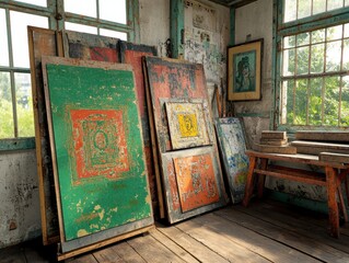 Sunlit Rustic Room with Stacked Abstract Canvases