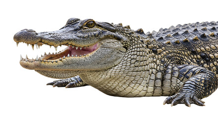 Fototapeta premium A close-up of a crocodile showcasing its textured skin and sharp teeth, set against a neutral background, emphasizing its fierce expression